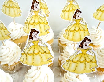12 Belle toppers, Beauty and the Beast party, Belle cupcakes, Belle treats, Princess party, Princess cupcakes, Beauty and the Beast birthday