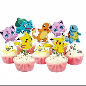 24 Poke Cupcake Toppers, Pikachu Party Decorations, Poke Birthday, Poke party, Pikachu party, Poke favors, Poke Party picks, Poke favors image 2