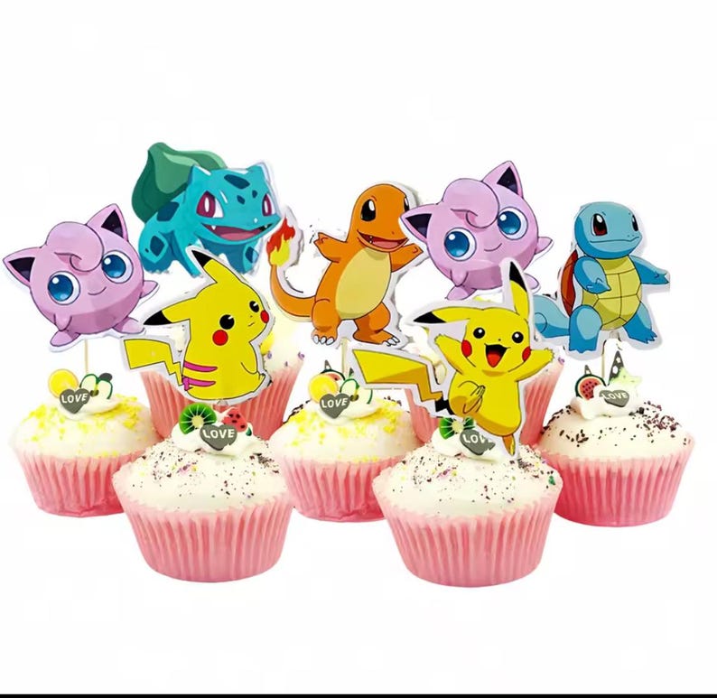 24 Poke Cupcake Toppers, Pikachu Party Decorations, Poke Birthday, Poke party, Pikachu party, Poke favors, Poke Party picks, Poke favors image 2