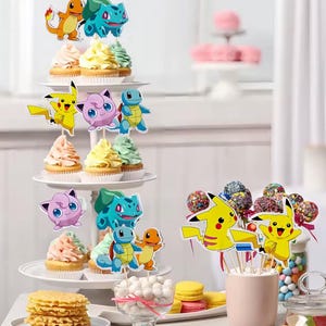 24 Poke Cupcake Toppers, Pikachu Party Decorations, Poke Birthday, Poke party, Pikachu party, Poke favors, Poke Party picks, Poke favors image 3