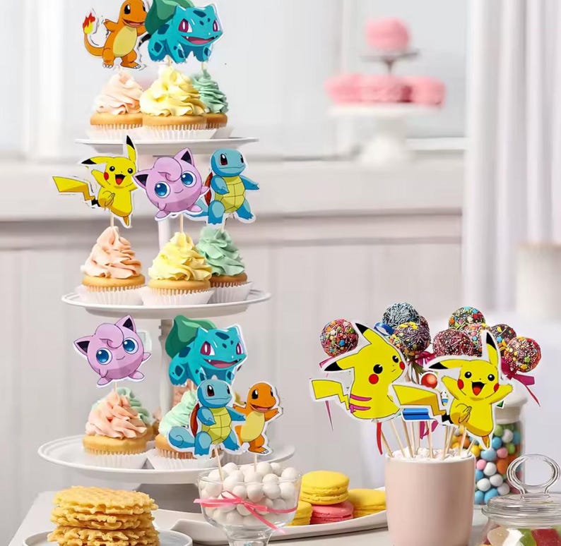 24 Poke Cupcake Toppers, Pikachu Party Decorations, Poke Birthday, Poke party, Pikachu party, Poke favors, Poke Party picks, Poke favors image 3
