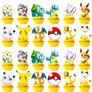 May include: A collection of cupcakes with yellow liners, each topped with a different Pok&eacute;mon character. Characters include Pikachu, Bulbasaur, Squirtle, and others. The cupcakes are arranged in rows and columns.