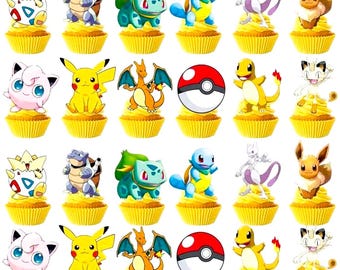 24 Poke Cupcake Toppers, Pikachu Party Decorations,  Poke Birthday, Poke party, Pikachu party, Poke favors, Poke Party picks, Poke favors