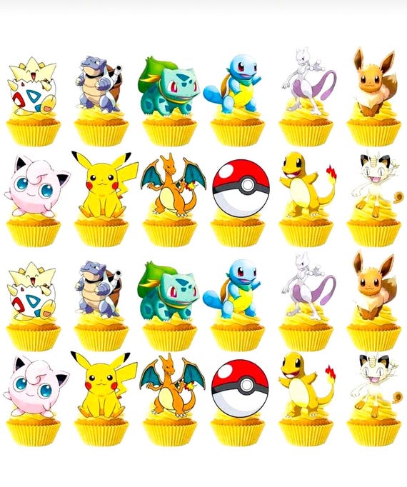 24 Poke Cupcake Toppers, Pikachu Party Decorations,  Poke Birthday, Poke party, Pikachu party, Poke favors, Poke Party picks, Poke favors