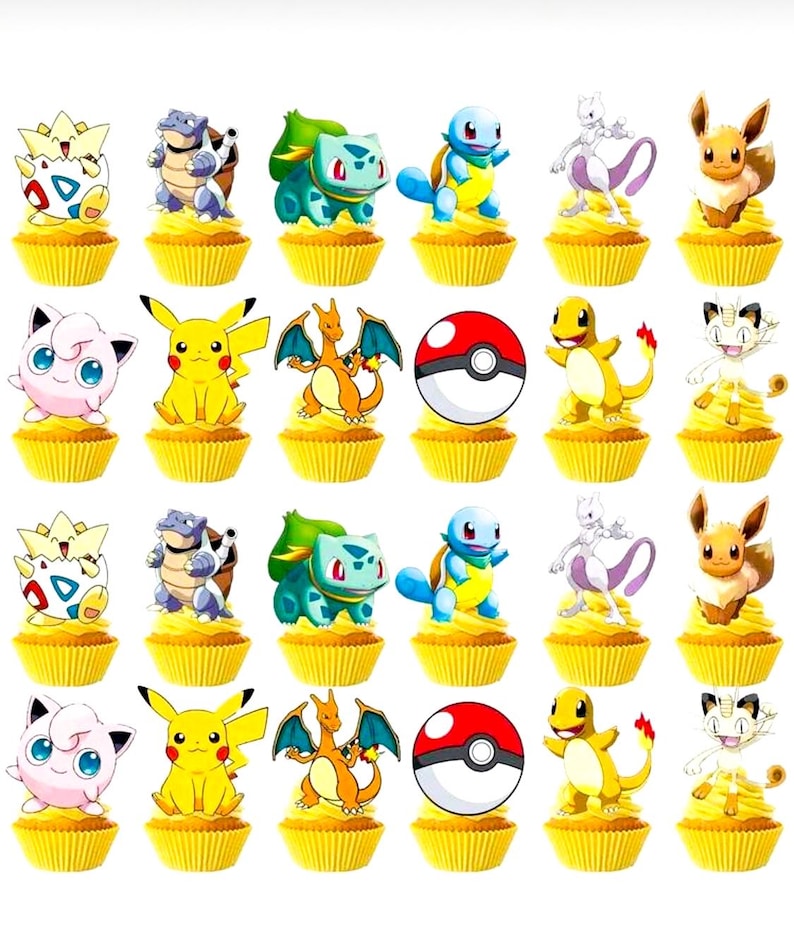 May include: A collection of cupcakes with yellow liners, each topped with a different Pok&eacute;mon character. Characters include Pikachu, Bulbasaur, Squirtle, and others. The cupcakes are arranged in rows and columns.