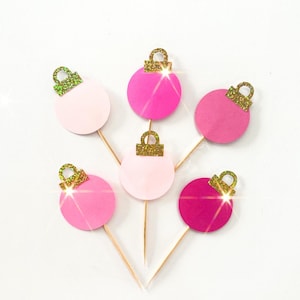 Pink Christmas toppers, Pink Christmas cupcakes, Pink Christmas party, Pink Christmas garland, Pink Christmas decor, Pink Christmas balls