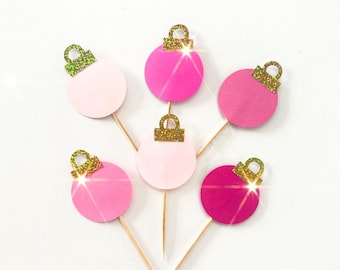 Pink Christmas toppers, Pink Christmas cupcakes, Pink Christmas party, Pink Christmas garland, Pink Christmas decor, Pink Christmas balls