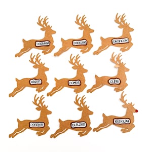 May include: Nine brown reindeer cutouts with names like Dasher, Dancer, Prancer, Vixen, Comet, Cupid, Donner, Blitzen, and Rudolph. Rudolph has a red nose. The reindeer are on a white background. Christmas decor.