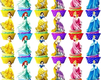 May include: A collection of cupcake toppers featuring various princess characters. Each topper is a miniature figurine atop a cupcake, with colorful frosting and decorative liners. The princesses are dressed in their signature gowns, with vibrant colors and detailed designs.