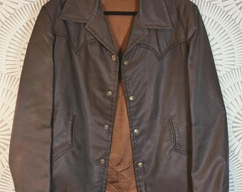 70s Vtg Brown Leather Zip up Collared Jacket Straight Cut Coat