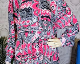 Blusa de manga larga con estampado abstracto rosa y negro de los años 80/90 (talla XL para mujer)