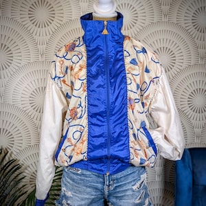 Paars-witte windjack met retroprint, jaren 80 - damesmaat S