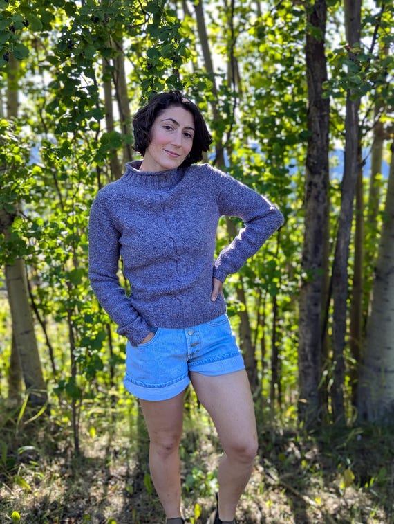 Vintage Lavendel Wolle Zopfmuster Damen Pullover Größe S