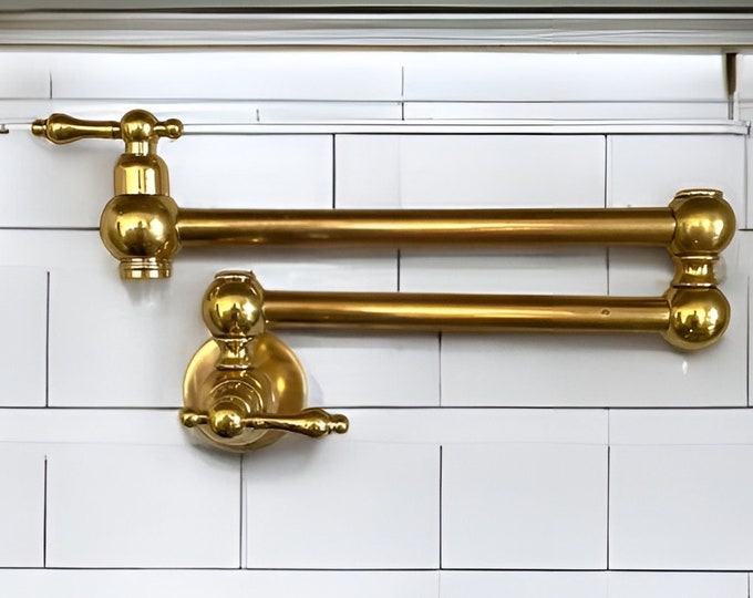 Unlacquered Brass Pot Filler: Wall-Mounted Kitchen Faucet, Various Handles