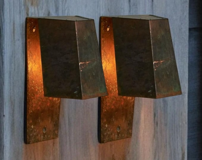 Set of 2 Copper Outdoor Sconces: Patina Triangle Pendant Light