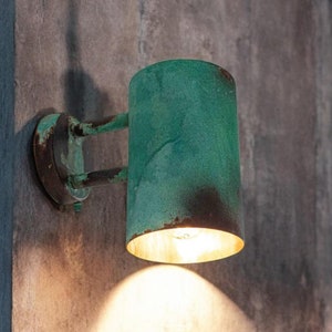 Green Patina Copper Wall Sconce – Handmade Outdoor Light Fixture – Oxidized Copper Cylinder Wall Lamp for Porch or Entryway
