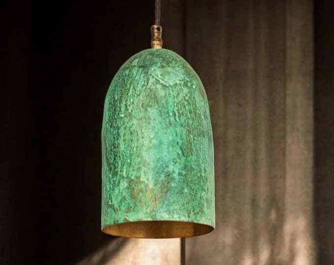 Oxidized Copper Dome Pendant Light: Rustic Green Patina Farmhouse Lighting