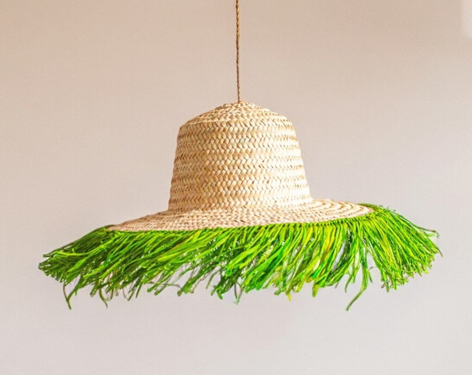 Handmade Straw Pendant Light: Coastal Boho Doum Hat Lamp with Green Fringes