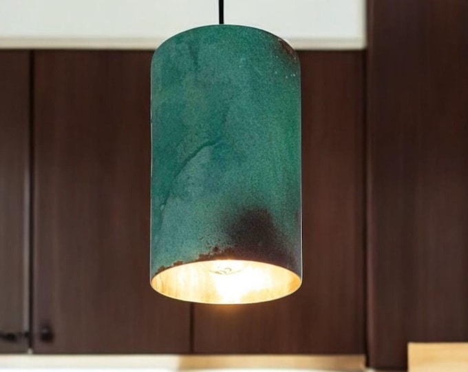 Oxidized Copper Farmhouse Pendant Light: Vintage Green Patina Dome Lamp