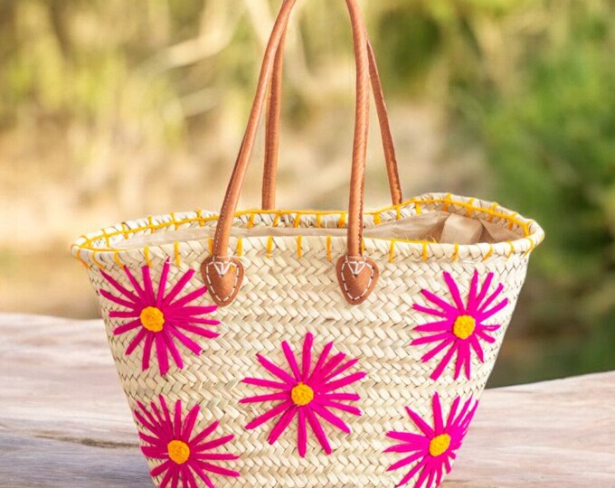 Handwoven Straw Beach Tote: Pink Flower Embroidery, Leather Handles