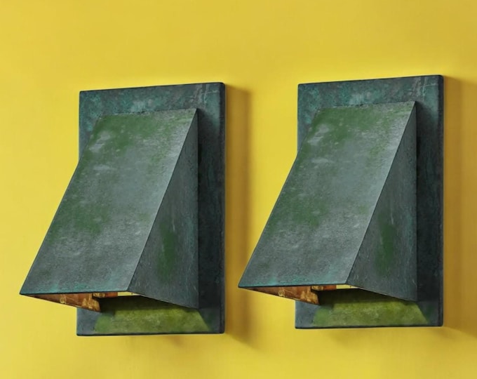 Set of 2 Triangle Copper Outdoor Sconces: Green Patina Wall Light
