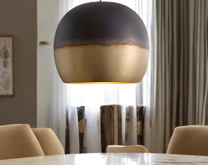 Oxidized Pendant Light, Bowl Brass Chandelier, Dome Ceiling Lights, Bohemian Decor Lighting, Gold and Black Pendant Lamp