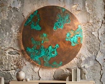 Copper Wall Art, Handmade Abstract Triptych, Copper Decor, Verdigris Patina LED Backlight Sculpture