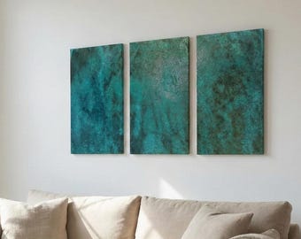 Green Patina Copper Wall Art Panels, Modern Metal Wall Decor, Abstract Copper Artwork, Bedroom Wall Art, Set of 3