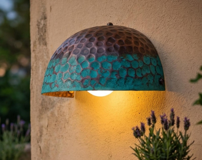 Hammered Copper Wall Sconce Outdoor, Oxidized Patina Dome Light, Rustic Farmhouse Lighting, Waterproof Exterior Lamp, Handmade Fixture