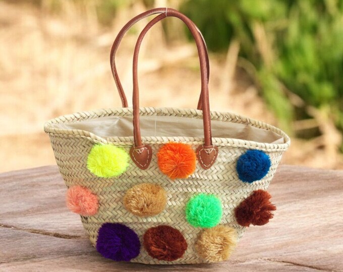 Raffia Straw Tote Bag with Pom Poms, Boho Market Bag