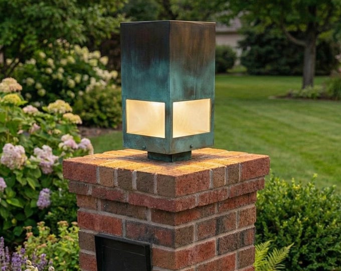 Handmade Copper Mailbox Light – Modern Patina Brick Pillar Lantern