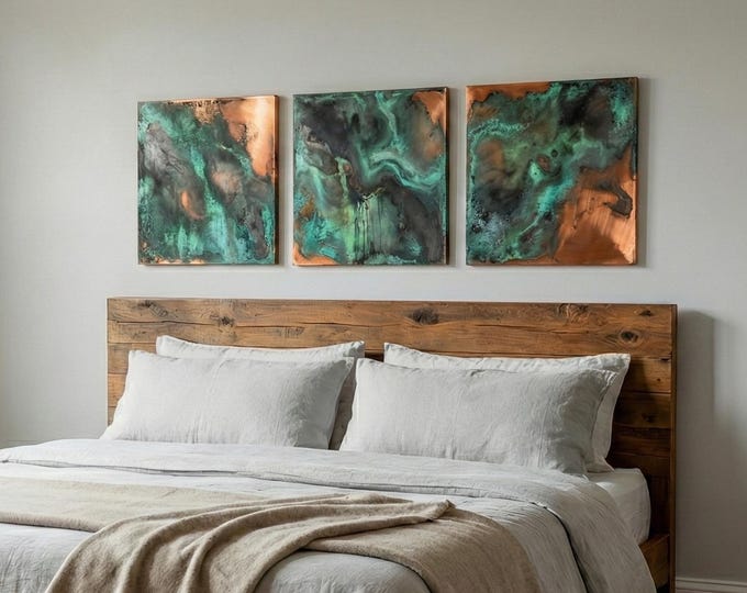 Copper Wall Art Panels, Green Patina Metal Art, Modern Bedroom Wall Decor, Handcrafted Copper Artwork
