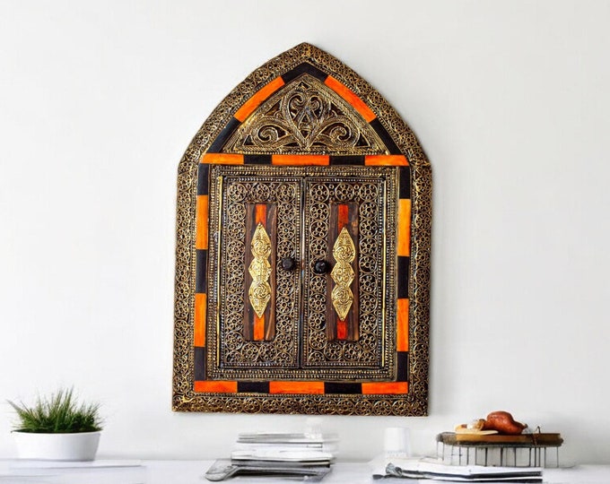 Vintage Moroccan Arched Wall Mirror: Brass, Wood & Bone Inlay