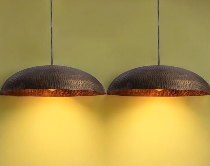 Set of 2 Hammered Brass Dome Pendant Lights: Handmade Moroccan Fixture