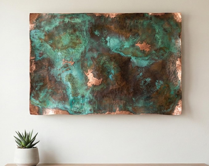 Oxidized Copper Wall Art Panel – Green Patina Metal Artwork – Handmade Copper Wall Decor – Backlit Panel – Modern Rustic Luxury Wall Art