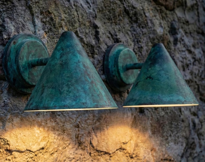 Set of 2 Outdoor oxidized copper Sconce, monopoint conic Pendant lamp, Green Patina Wall Pendant Light ,