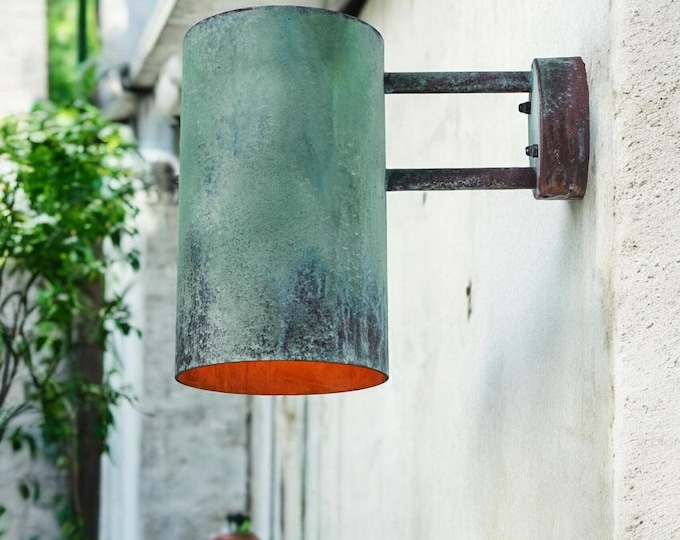 Outdoor Copper Sconce: Green Patina Cylinder Pendant Light