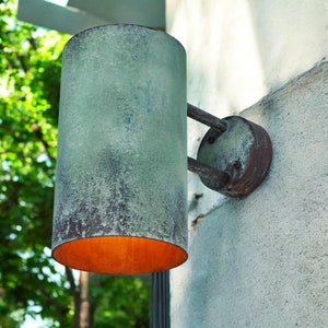 Set of 2 Outdoor Copper Sconce Light, Cylinder Pendant Light, Green Patina Wall Pendant Light green, oxidized copper lights,
