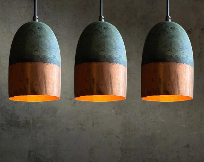 Oxidized Copper Farmhouse Pendant Light, Vintage Green Patina Hanging Lamp for Kitchen & Dining, Unique Ceiling Light, Dome-Style Fixture