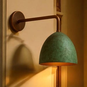 Oxidized Copper Dome Wall Sconce – Handcrafted Modern Rustic Light – Green Patina Wall Lamp for outdoor use, Hallway, Bathroom, or Bedroom