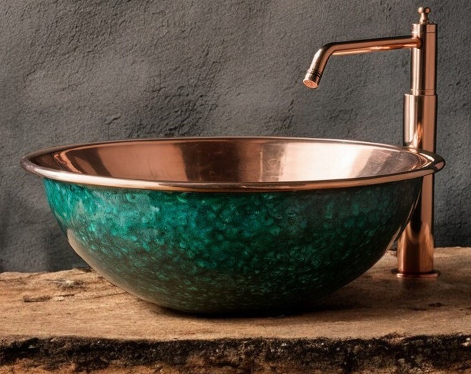 Handmade Green Patina Copper Sink: Rustic Bathroom Vanity Washbasin