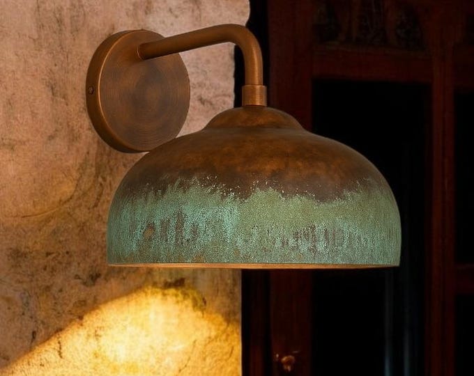 Oxidized Copper Wall Sconce, Rustic Green Patina Farmhouse Lamp, Wabi sabi light, Organic modern lamp, Outdoor & Indoor Lighting Fixture