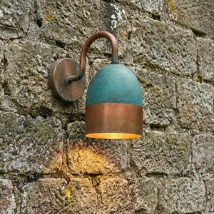 Aplique de cobre para exteriores, lámpara colgante oxidada, lámpara colgante de pared con pátina verde, luces de cobre oxidado verde.