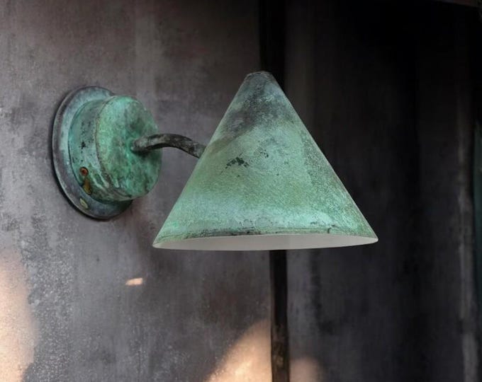 Outdoor Copper Sconce Light, Green Patina Conic Pendant,