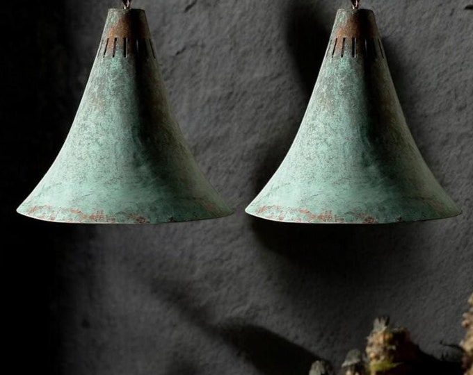 Set of 2 Patina Copper Pendant Lights: Rustic Bohemian Hanging Lamps
