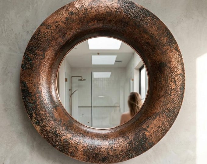 Hammered Copper Mirror with Backlight, Round Bathroom Mirror, Rustic Modern Vanity Mirror, Handmade Moroccan Wall Mirror, Custom Size
