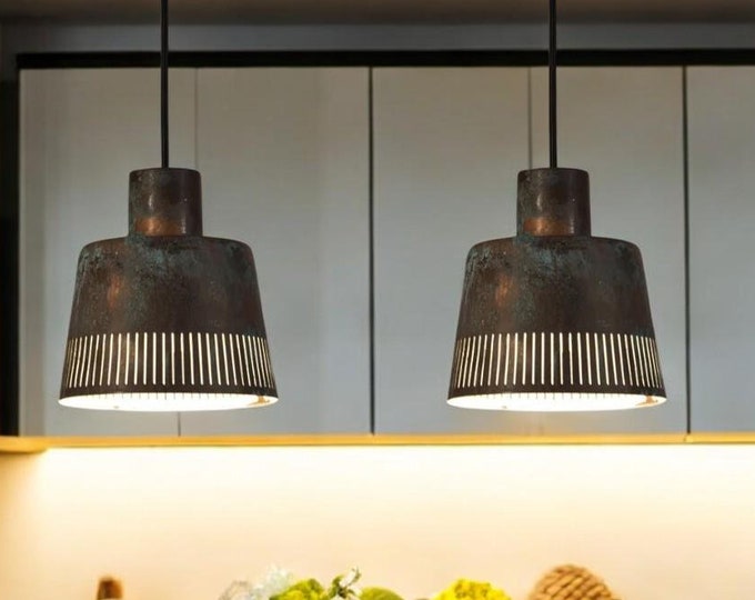 Set of 2 Vintage Copper Pendant Lights: Green Patina Hanging Lamps
