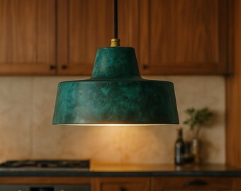 Kopparhängelampa, Grönoxiderad taklampa, Kopparpatinerad belysning, Rustik modern pendellampa för kök och matsal