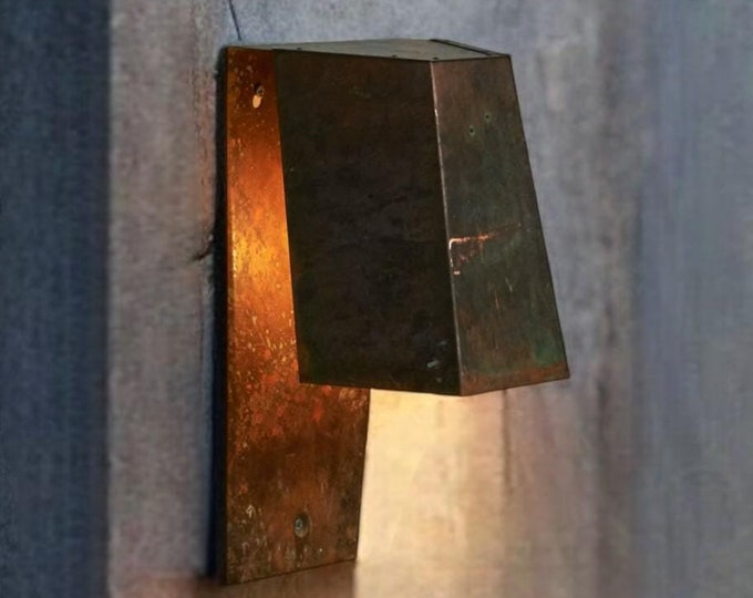 Copper Sconce Light, Outdoor Green Patina Wall Pendant, Triangle Pendant Light, Oxidized Copper Outdoor Light, Decorative Outdoor Sconce