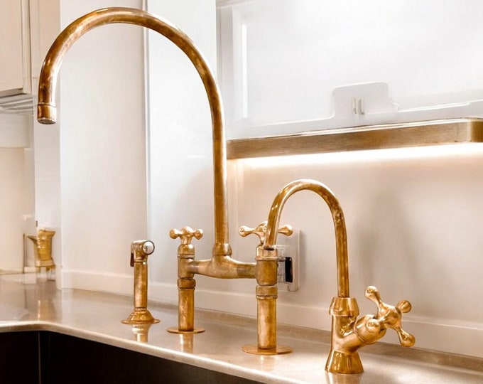 Unlacquered Brass Bridge Kitchen Faucet – Solid Brass 8'' Sink Faucet with Cross Handles and Antique Vintage Design
